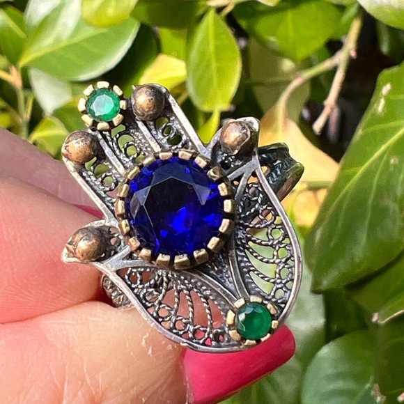 VINTAGE HAMSA VIVID BLUE GREEN PASTE GLASS STONES 925 STERLING SILVER UNIQUE